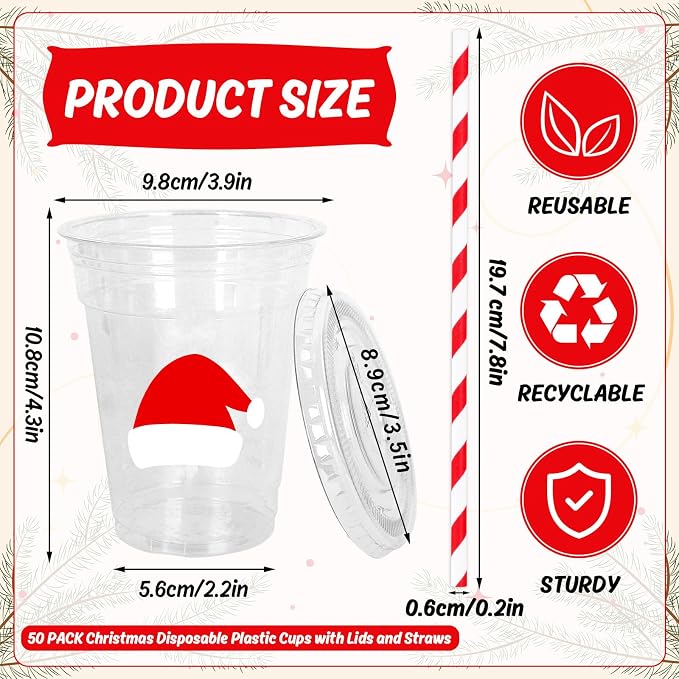 Whaline 50 Pcs 12 Oz Christmas Disposable Plastic Cups with Lids and Straws Red Santa Hat Cold Beverage Drinking Cups for Winter Xmas Birthday Party Supplies