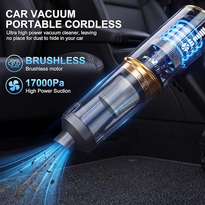 Handheld Vacuum Cleaner Cordless-17000PA Strong Suction for Car & Home, Car Vacuum Portable Rechargeable Lightweight for Pet Hair with HEPA Filter, Quick Clean in Office/Desk/Couch (Black)