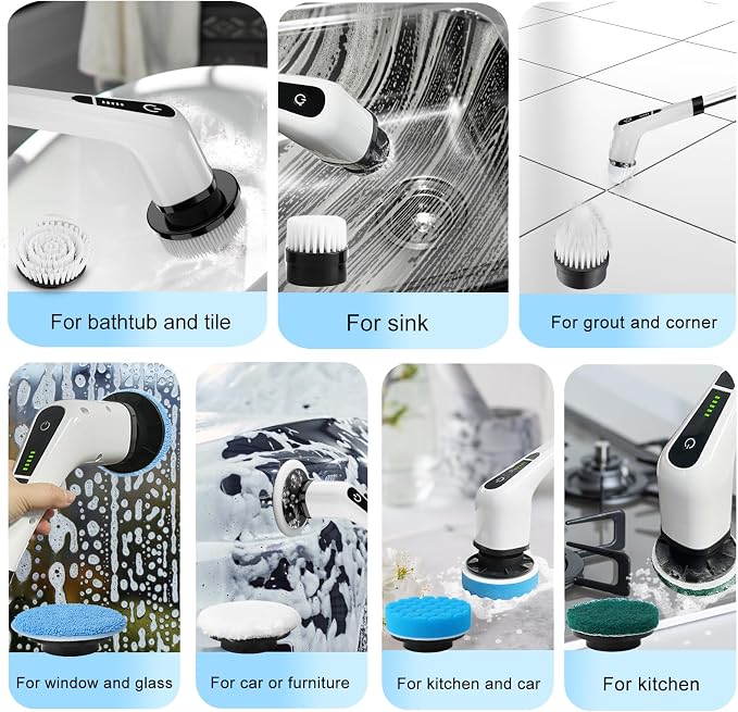 Electric Spin Scrubber for Cleaning Bathroom: Granvell Shower Cleaner Brush with 7 Replaceable Heads & Long Handle, Cordless Power Scrub Tools for Bath Tub Floor Tile