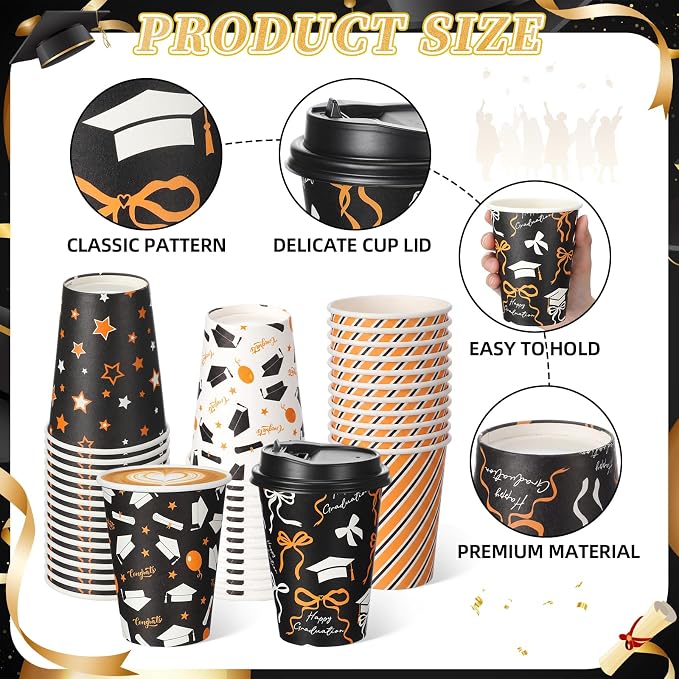 FoldTier 60 Pcs Class of 2026 Graduation Disposable Coffee Cups with Lids 12 oz Graduation Paper Cups Black White Gold Disposable Party Drinkware for Hot Cold Beverages