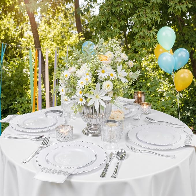LIYH 350 Pcs Plastic Dinnerware Set for 50 Guests - White Silver
