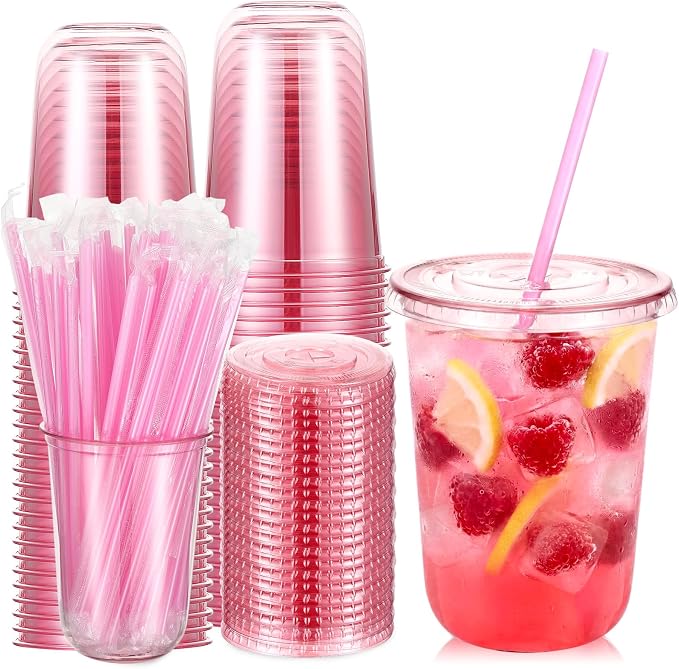 Ziliny 25 Sets Clear Round Bottom Plastic Cups with Lids and Straws, Cute Disposable Drinking Coffee Cups, for Christmas Valentine's Galentine's Day Party Wedding Birthday Supplies (16oz,Pink)