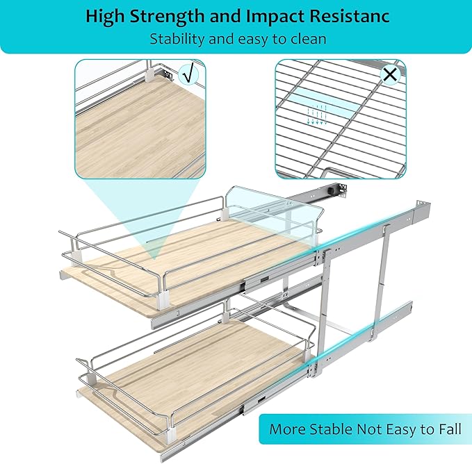 2 Tier Pull Out Cabinet Organizer 11" W X 22" D, Slide Out Drawers For Kitchen Cabinets, Pull Out Drawers For Cabinets Capacity Heavy Duty Caddy, Cabinet Pullout Shelves Wood Chrome, Pantry Storage