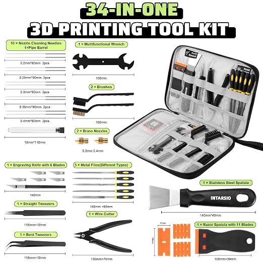 3D Printer Tools Kit, 34pcs 3D Printer Accessories for All FDM/SLA Printers Includes Nozzle Cleaning, Removal Scrapers, Finishing Tools, 5 Types of Files,Brushes, Wire Cutter, Engraving Knife