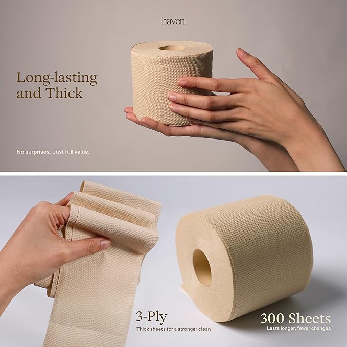 Haven Unbleached Bamboo Toilet Paper with Plastic Free Packaging, 3-Ply, 24 Rolls, 300 Sheets per Roll - FSC Certified, PFAS-Free, Tree Free Plant Based Toilet Paper, Non Toxic, Septic Safe, BPA-Free