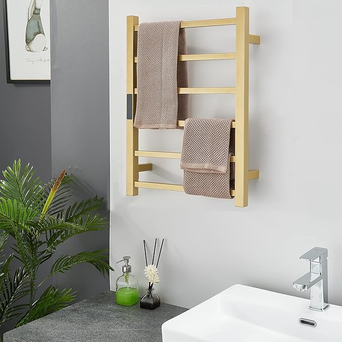 Electric Heated Towel Warmer Rack Gold Bathroom Accessories, With Timer Wall Mounted Rail, 6 Bars Stainless Steel Drying Racks Home Radiator, Hardwired