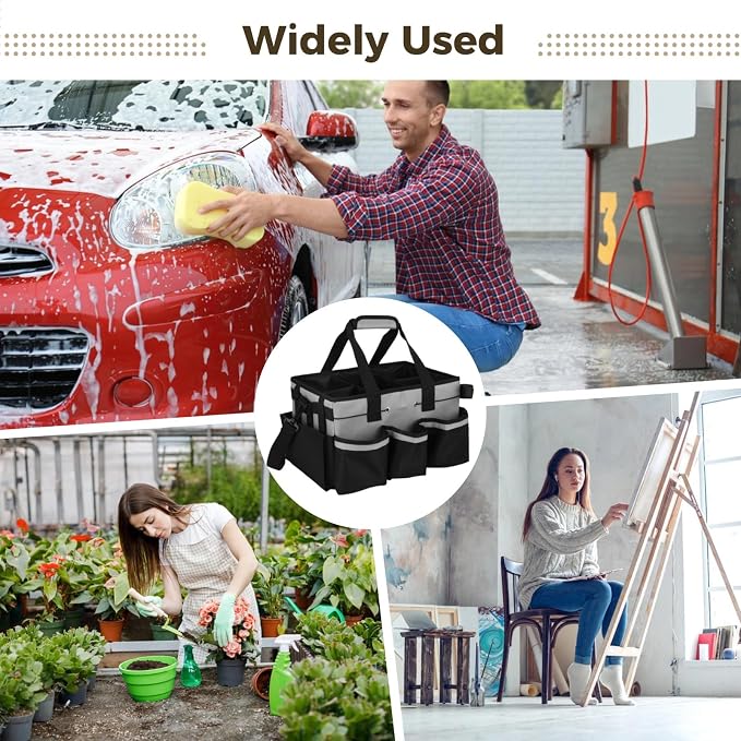 Wearable Cleaning Caddy Bag, Large Housekeeping Supply Organizer with Adjustable Shoulder Strap, Waist Strap and Handle, 600D Oxford Cleaning Tote with Dividers for Kitchen, Car Detailing, Black Gray
