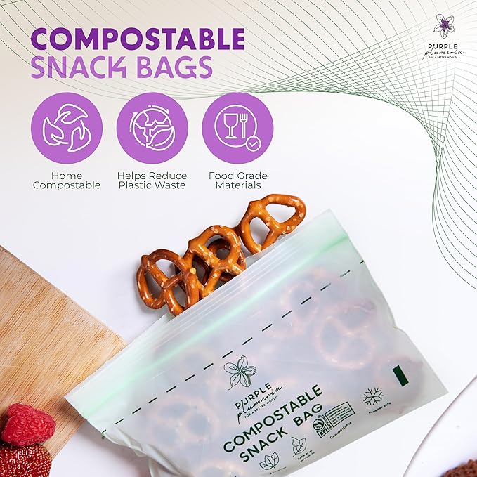 100% Compostable Resealable Food Storage Bags – Biobased, Leak-Proof, Freezer-Safe – Extra Strong & Durable – Available in Gallon, Snack & Sandwich Sizes (Snack) | Biobased, Leak-Proof, Durable, Freezer-Safe, Extra Strong