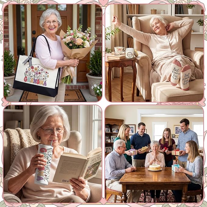 Patelai 7 Pcs Grandma Gifts, Birthday Gifts for Grandma Best Grandmother Gift from Grandkids Grandchildren Thank You Grandmother Set with 20oz Tumbler Tote Bag Candle Socks Makeup Bag Keychain Card