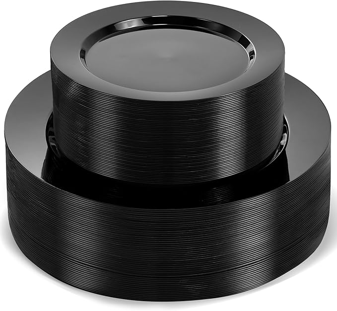 100 PCS Black Plastic Plates, Plastic Black Disposable Plates Include 50 10 inch Dinner Plate and 50 7 inch Dessert Plate Perfect for Party, Wedding
