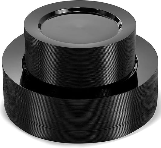 100 PCS Black Plastic Plates, Plastic Black Disposable Plates Include 50 10 inch Dinner Plate and 50 7 inch Dessert Plate Perfect for Party, Wedding