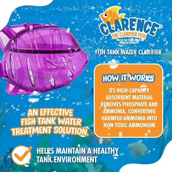 Clarence the Clarifier Fish - 2 pk, Purple-Orange - Aquarium Treatment, Clear Cloudy Fresh-Saltwater, Fish Safe, 10gal Tank Maintenance Ea