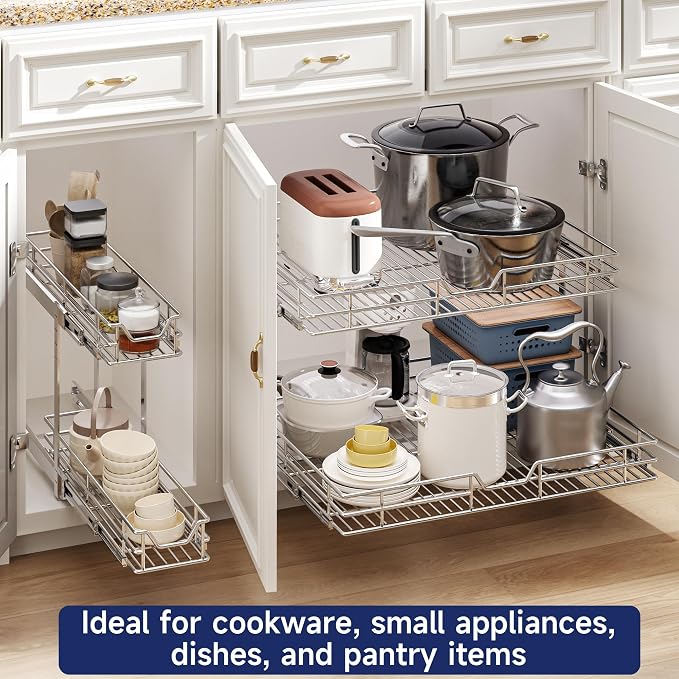 2-Tier Pull Out Cabinet Organizer, 11.5" W x 21.5" D, Heavy Duty Dual Slide Out Shelves for Narrow Base Cabinets, Chrome Wire Basket Drawer for Spices, Bottles & Snacks