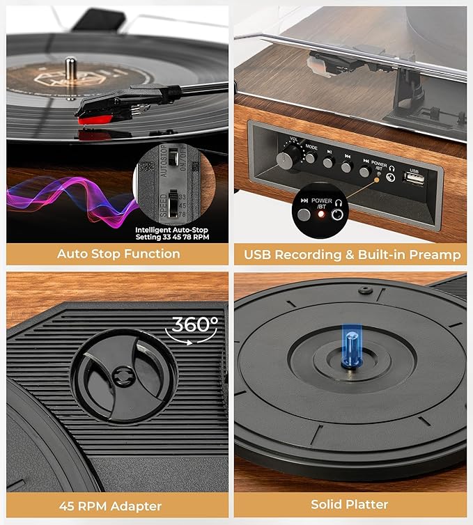 Vangoa Vinyl Record Player with External Speakers, 3 Speed Belt-Drive Turntable for Vinyl Records, Portable Bluetooth LP Players, Walnut Wood Vintage Record Player for 33/45/78 RPM, Auto Stop