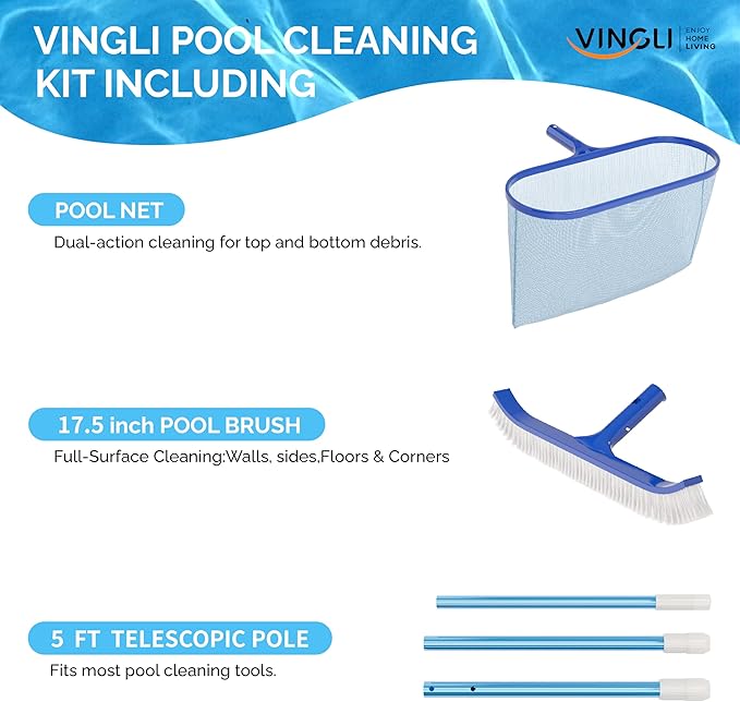 VINGLI 3-in-1 Pool Cleaning Kit, Pools Maintenance Equipment with Pool Net, Pool Brush and 5 FT Telescopic Pole, Pool Maintenance Tools for Inground & Above Ground Swimming Pools