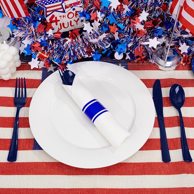 Liacere 100Pack Pre Rolled Blue Silverware and Napkin-Disposable Blue Plastic Utensils-Plastic Cutlery Set with Napkin:100 Forks,100 Knives,100 Spoons,100 Napkins for Wedding&Party&Independence Day