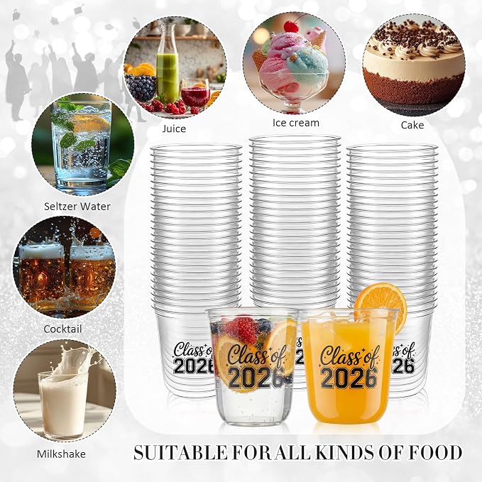 Potchen 50pcs Graduation Cups Class of 2026 12oz Clear Plastic Graduation Party Cups for 2026 Celebration Party Supplies Congrats Grad Tableware Decoration(Black)