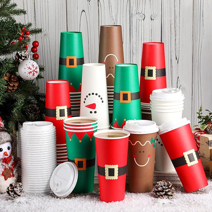 Dandat 20 oz 52 Pcs Christmas Coffee Paper Cups with Lids Disposable Christmas Paper Cups for Hot Cocoa Tea Beverage Holiday Xmas Party Supplies