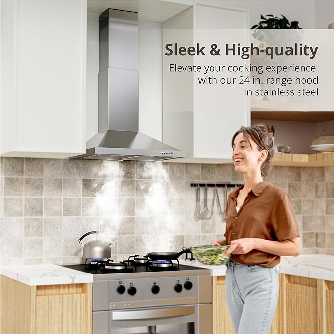 FIREGAS Range Hood 24 inch Wall Mount Type with Ducted/Ductless Convertible, 450 CFM Stainless Steel Chimney-Style Kitchen Hood, Over Stove Vent Hood with 3 Speed Fan, Charcoal Filters