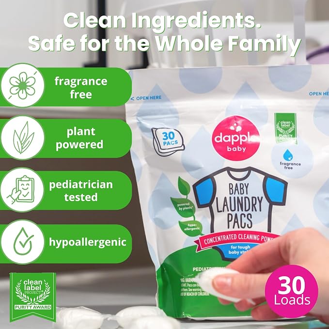 Dapple Baby Laundry Detergent Pacs - 30 Count - Fragrance-free Laundry Pods for Sensitive Skin - Plant-Powered Stain Remover - Newborn Essentials
