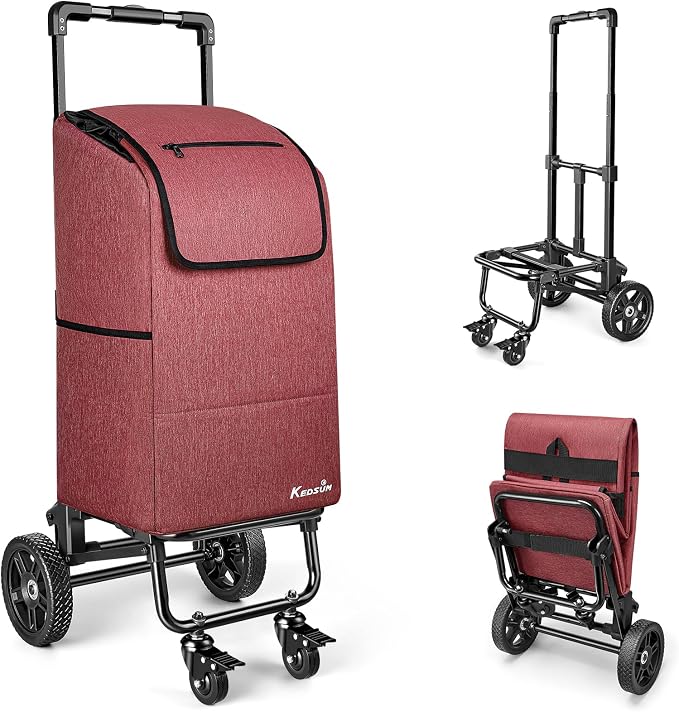 KEDSUM 3 in 1 Shopping Cart with Wheels, 60L/250LBS Multi Use Grocery Cart with 7" Big Wheels & Removable Waterproof Bag, Personal Shopping Carts for Groceries, Telescoping Handle & Thickened Steel
