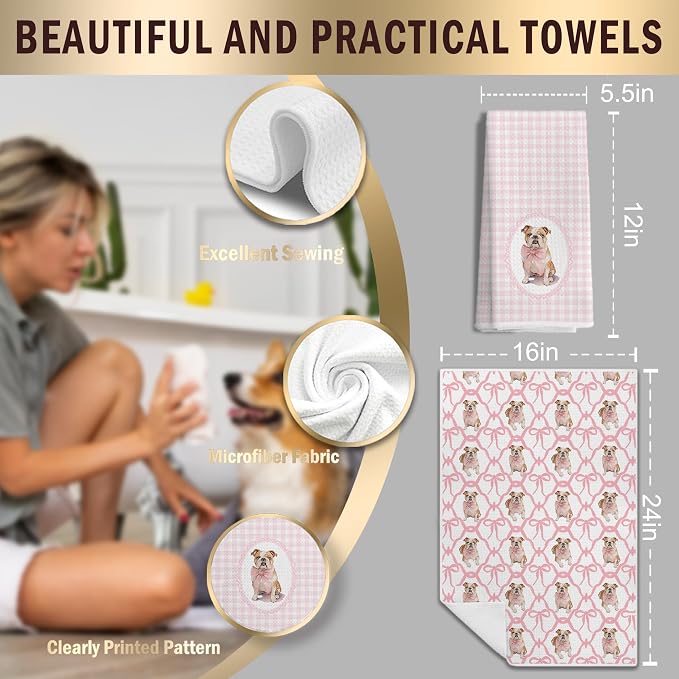Coquette Pink Bow French Bulldog Dog Kitchen Hand Towels for Bathroom, French Bulldog Gifts for Women, Coquette Pink Goldendoodle Dog Girly Bathroom Kitchen Decor, 16x24 Inches Set of 2