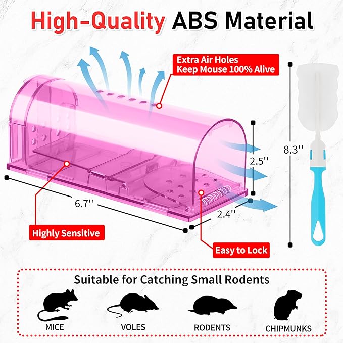 LULUCATCH Humane Mouse Traps 2 Pack | Live No Touch Catch and Release No Kill Rodent Traps | Reusable with Cleaning Brush | Pet Safe Indoor Outdoor for Mice, Rats, Chipmunks, Voles, Pink