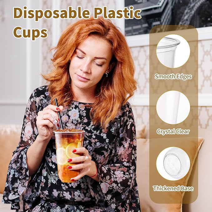 KesaPlan 100 Pcs 18 oz Clear Plastic Cups, Disposable Stemless Wine Glasses, Round Bottom Plastic Cocktails Cups, Crystal Disposable Cold Drinking Cup for Birthday Wedding Meeting Christmas Party