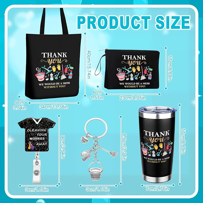 5 Pcs Housekeeping Appreciation Gifts for Women Include 20oz Tumbler Mug Canvas Bag Cosmetic Bag Keychains Badge Holder Housekeeping Week Gifts for Cleaning Lady Housekeepers