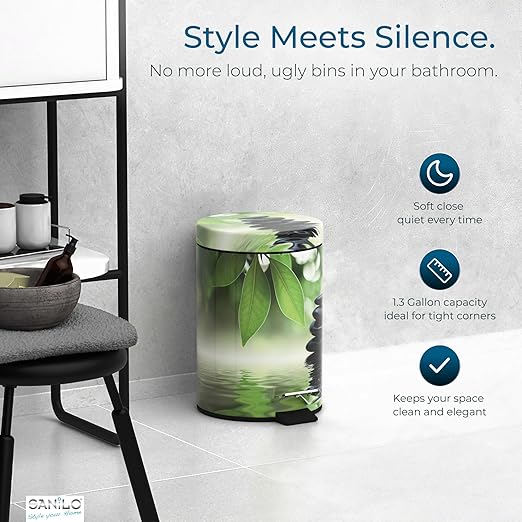 Sanilo Small Bathroom Trash Can with Lid [1.3 Gallon] - Lidded Tiny Trashcan for Garbage - Mini Metal Bin with Soft Closing Mechanism - Bath Room Accessoire Wastebin with Inner Bucket (Harmony)