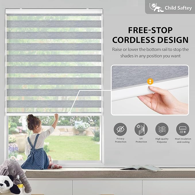 LazBlinds Cordless Zebra Blinds for Windows 63"x72", Grey - Linen | Free-Stop Roller Windows Shades with Cassette, Light Filtering Dual Layer Sheer Shades for Home and Office