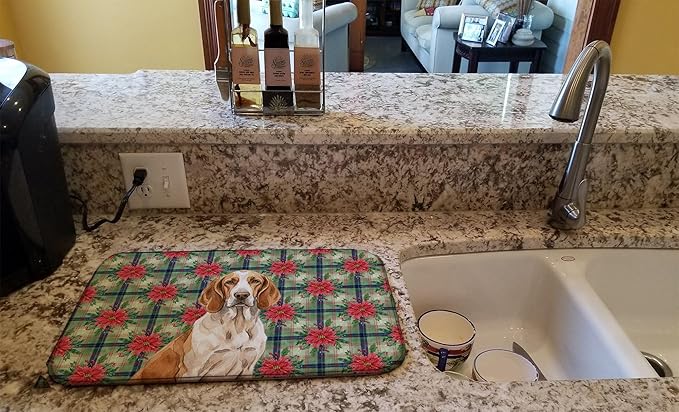 Caroline's Treasures Bracco Italiano Christmas PoinsettIas Dish Drying Mat Absorbent Dish Drying Mat Pad for Kitchen Counter Dish Drainer Mat for Countertop, 14 x 21", Multicolor