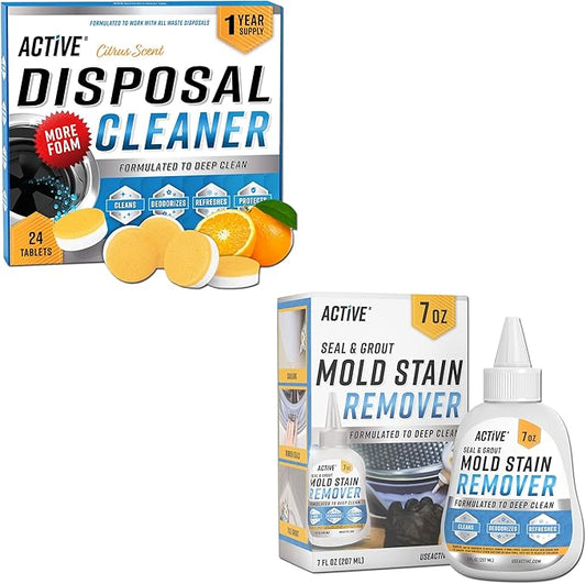 ACTIVE Disposal Cleaner and Mold Stain Remover Gel - Includes 24pk Disposal Cleaning Tablets and 7oz Mildew Stain Remover Gel