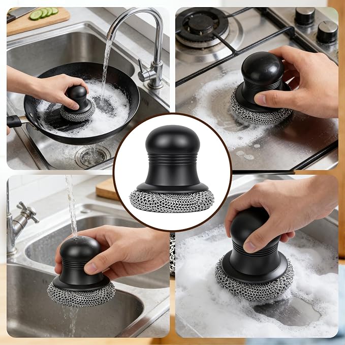 316 Upgraded Cast Iron Scrubber with Pan Scraper,Cast Iron Cleaner for Grill Pan Skillet Wok Carbon Steel,Ergonomic to Hold Easy to Use Dishwasher Safe ((Small Chainmail,2pcs))