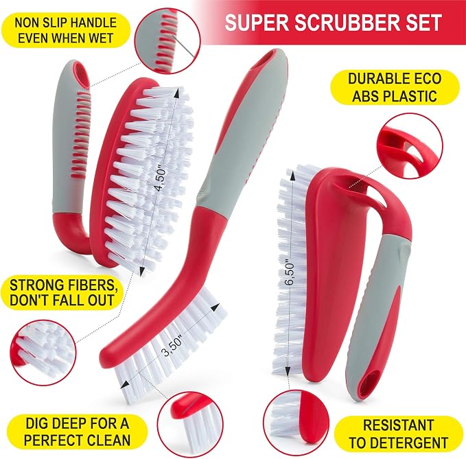 Dish Brush Set of 4 with Bottle Water Brush, Dish Scrub Brush, Scrubber Brush and Straw Brush + Scrub Brushes Set of 3 for Cleaning Bathroom, Shower, Tile, Kitchen, Floor, Bathtub.