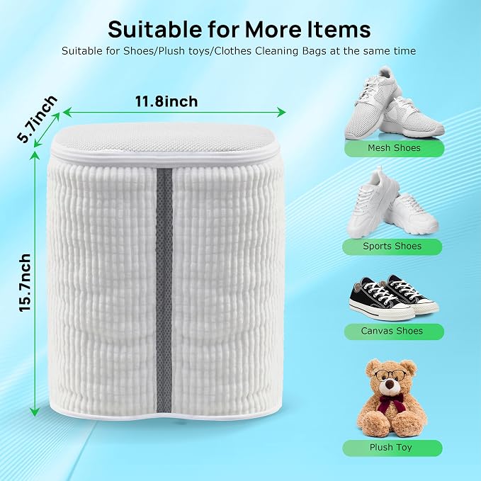 Upgraded Dual Compartment Design Shoe Bag for Washing Machine with Adjustable Shoes Trees& Sneaker Dryer Bag, 420g Heavy-Duty Shoe Washing Machine Bag, Clasp-Lock Zipper for Maximum Protection