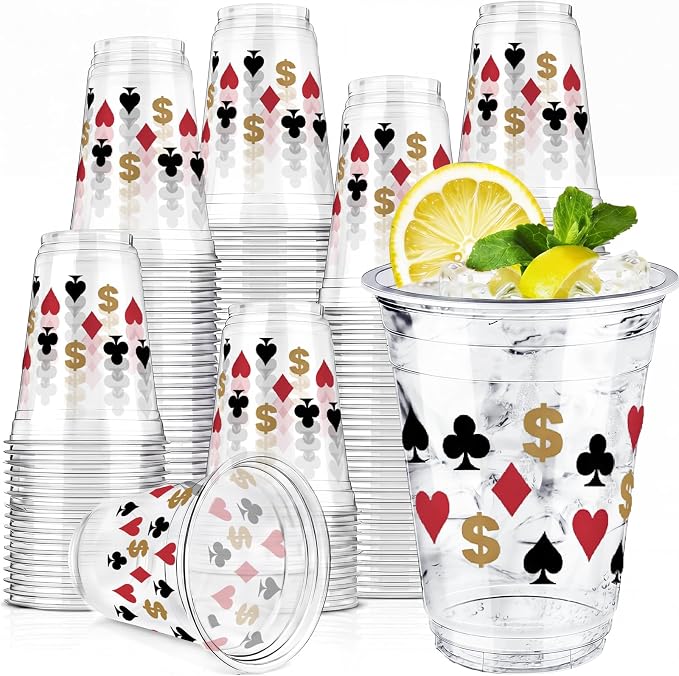 Uiifan 45 Pcs Casino Party Decorations Las Vegas Cups Casino Game Night Party Supplies 16 oz Poker Disposable Plastic Shot Cups for Hot Cold Drinking Office Home Dice Vegas Birthday Favors