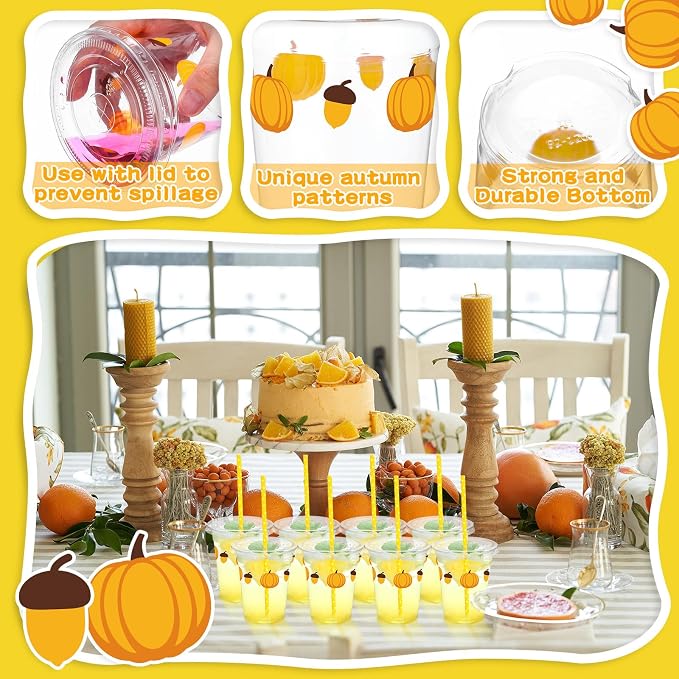 100 Set Fall Pumpkin Disposable Plastic Cups with Lids and Straws 12 oz Pumpkin Acorn Plastic Party Cups Transparent Cold Beverage Drinking Cups for Autumn Thanksgiving Party Supplies(Orange)