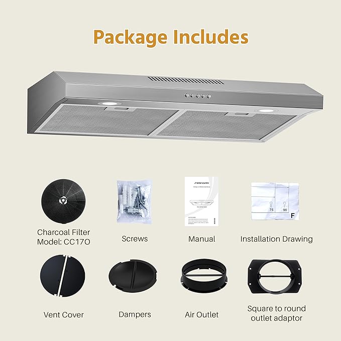FIREGAS 30 Inch Under Cabinet Range Hood with Quiet Brushless Motor, 300CFM Ducted/Ductless Convertible Vent Hood, 3 Speed Exhaust Fan, LED Light & Reusable Filter, Stainless Steel Kitchen Stove Hood
