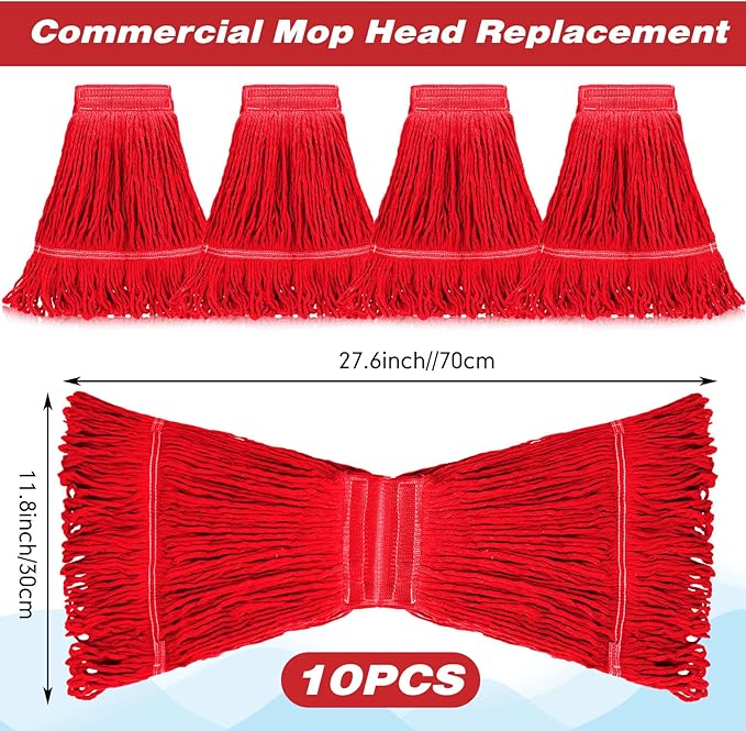 Nuogo 10 Pcs Commercial Mop Head Replacement Floor Cleaning Wet Heavy Duty Commercial Mop Refills General Cleaning(27.6 Inch,Red)