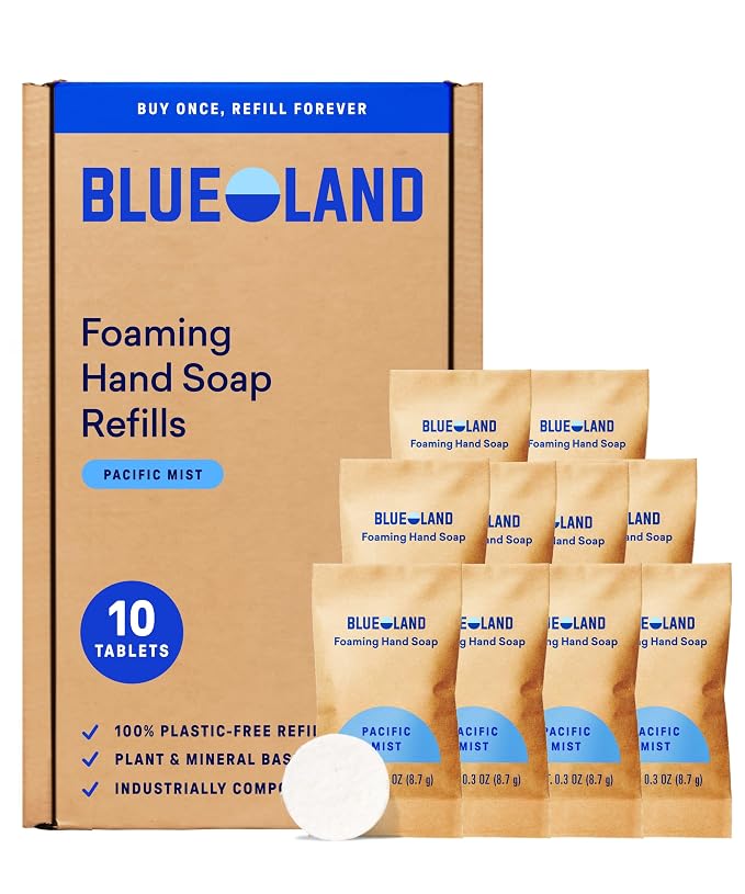 BLUELAND Foaming Hand Soap Refill Tablets, 10-Pack, Pacific Mist Scent, Eco Friendly Cleaning Products, 10 x 9 Fl oz
