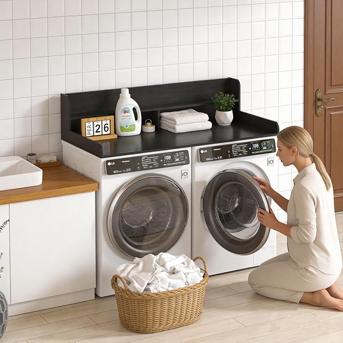 Piskyet Washer Dryer Countertop,2- Tier Laundry Countertop with Edge Rails,27.5" Depth x 54" Wood Countertop,Laundry Machine Topper for Laundry Room Organization and Storage(Black)