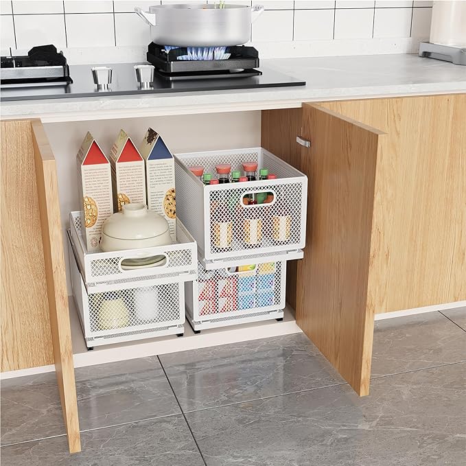 Pull Out Cabinet Organizer, Slide Out Drawers Fixed with Adhesive Nano Film, Pantry Shelves Sliding Drawer Storage Organization for Kitchen (Double Layer 11.8*9.4*14.45inch/30*24*36.7cm)