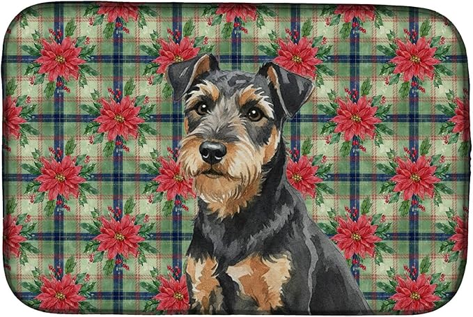 Caroline's Treasures Black and Tan Lakeland Terrier Christmas PoinsettIas Dish Drying Mat Absorbent Dish Drying Mat Pad for Kitchen Counter Dish Drainer Mat for Countertop, 14 x 21", Multicolor