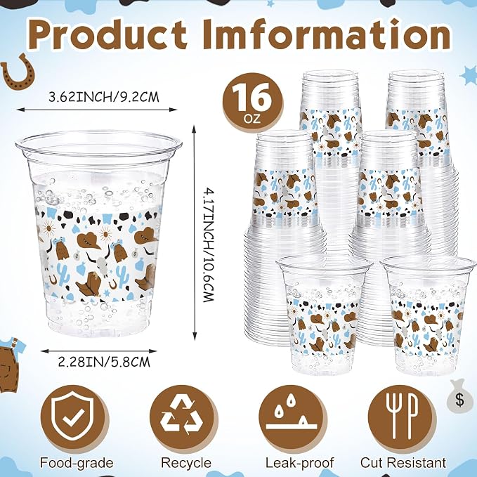 Jingmore 100 Pcs Western Plastic Cups 12 oz Clear Disposable Plastic Cowboy Cowgirl Drinking Cups Bulk for Boho Preppy Baby Shower Birthday Wild West Party Decoration Supplies(Cowboy,Brown and Blue)