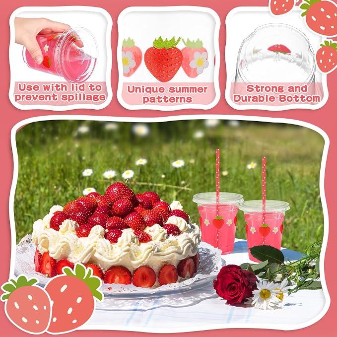 Blushtier 100 Set 12 oz Strawberry Disposable Plastic Cups with Lids and Straws Clear Strawberry Cups for Juice Water Coffee Tea Birthday Summer Fruit Party Supplies (Red)