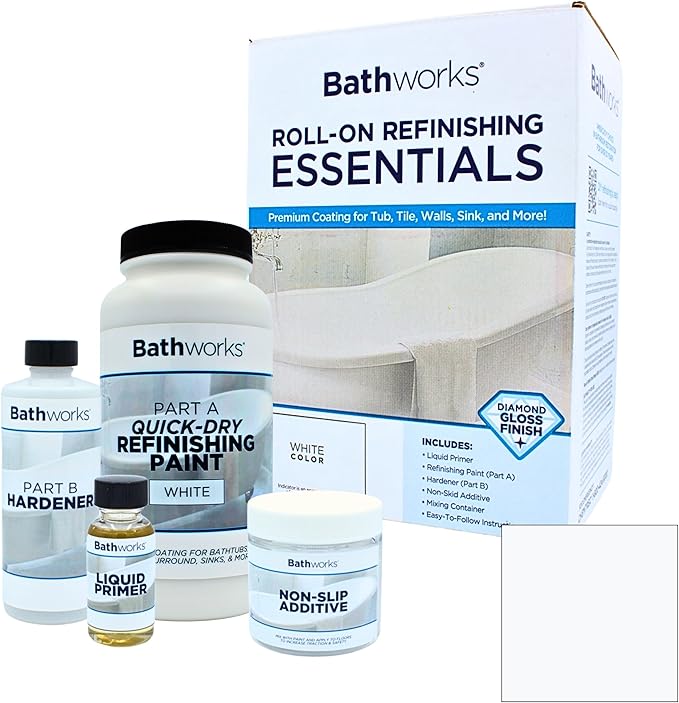 Bathworks Quick-Dry Essentials Roll-On Refinishing Kit – 22 fl oz White – High-Gloss Resin Coating with Non-Slip Additive – 12-Hour Dry Time – For Bathtubs, Tile, Sinks & Showers – Coating Materials Only