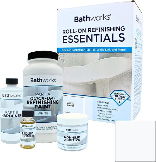 Bathworks Quick-Dry Essentials Roll-On Refinishing Kit – 22 fl oz White – High-Gloss Resin Coating with Non-Slip Additive – 12-Hour Dry Time – For Bathtubs, Tile, Sinks & Showers – Coating Materials Only