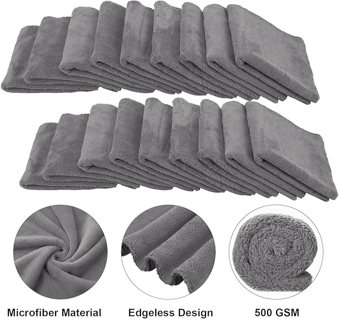 Shimeyao 30 Pcs 16 x 16 Inch Edgeless Microfiber Plush Towels for Cars Detailing Drying Wash Polishing Absorbent Cleaning Cloths, 500 GSM (Gray)