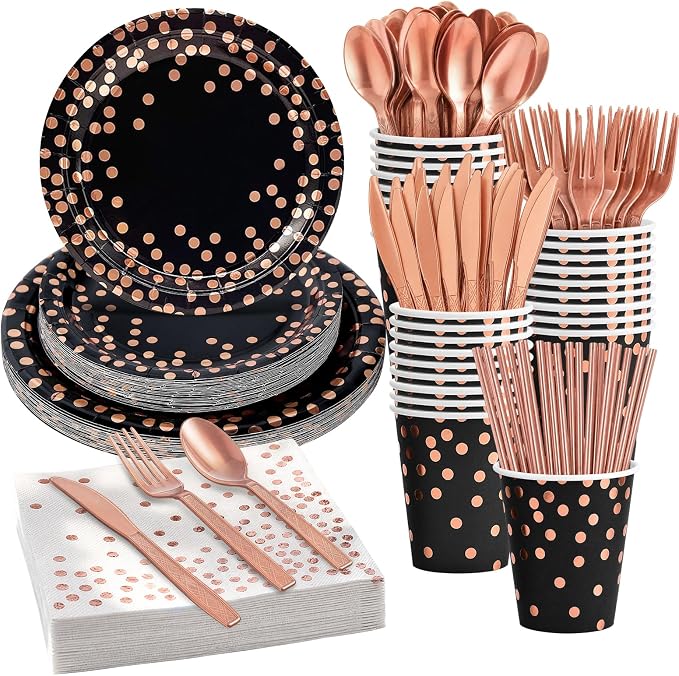 200PCS Black and Rose Gold Paper Plates Party Supplies Severs 25 Guests Disposable Paper Plates Set, 7’’&9’’ Paper Plates Cups Napkins Forks Set for Birthday, Mothers Day, Baby Shower Wedding